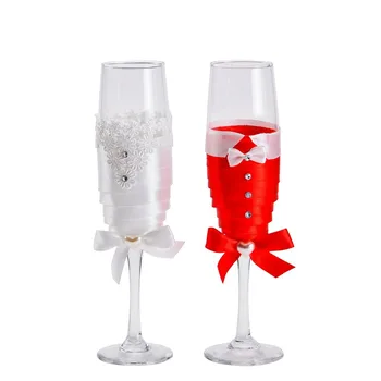 1 чифт / лот червени сватбени Чаши за наздравици с шампанско За булката и младоженеца, сватбена чаша за вино с лък