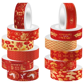 12 Ролки, ленти Васи Червен, Определени в китайския Новогодишния стил 2024 празника на Лента Сам Издател Scrapbooking Дракон Декор