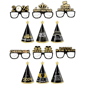 2024 Коледни Черно и Златни Хартиени 3D очила за детски рожден Ден, Подпори за фотосесия, Шапка
