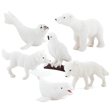 6ШТ имитира мини-арктически животни Пингвини Бяла мечка Снежна Сови, Делфин, Вълк Фигурки Модел играчки за украса на масата