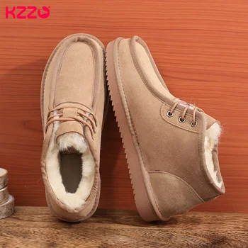 KZZO/ Мъжки Зимни обувки от овча кожа Голям размер 37-48 дантела, Австралия, Естествена кожа, естествена кожа, Топли обувки на вълнена подплата и Квалификация