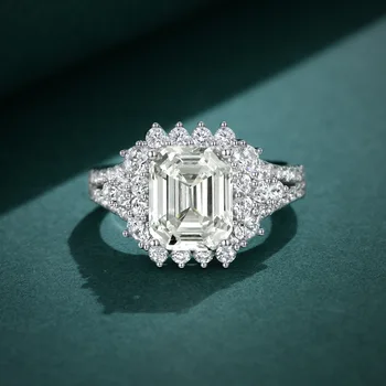 S925 Сребърен правоъгълен пръстен с бял цвят 4 карата, Жена диамантен пръстен, годежен пръстен