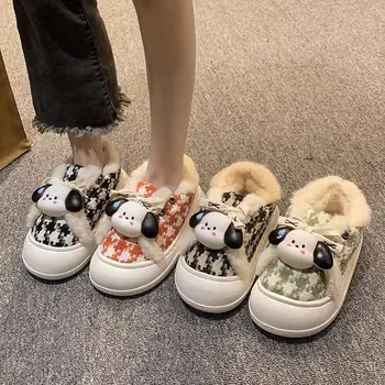 Sanrio Kawaii Аниме Pochacco Топло Обувки Сладък Карикатура Зима Плюс Кадифени Обувки На Дебела Подметка Хлебная Обувки Подаръци за Момичета