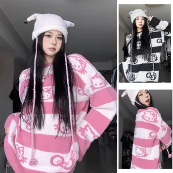 Sanrioed Аниме Kawaii Hellokittyed Пуловер За момичета Зимата Сладък Cartoony Плюшено Свободен Топ с качулка и кръгло деколте, Подаръци за момичета