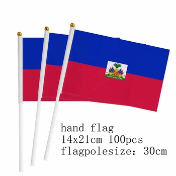 zwjflagshow Ръчно знаме на Хаити 14 * 21 см 100шт полиестер Малък ръчен знаме на Хаити с пластмасово флагштоком за украса