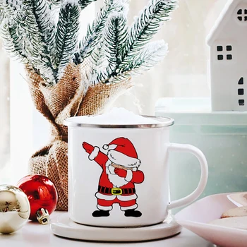 Весела Коледа Дядо Емайлирани Чаши за чай и кафе Коледен Подарък 360 мл Бяла Чаша за напитки за домашно Парти Празнични Творчески Подаръци Посуда