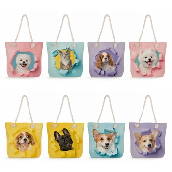 Дамски плажни пътни чанти, чанти за пазаруване, 3D моделиране, Триизмерна Женствена чанта през рамо с принтом сладък кучета и котки