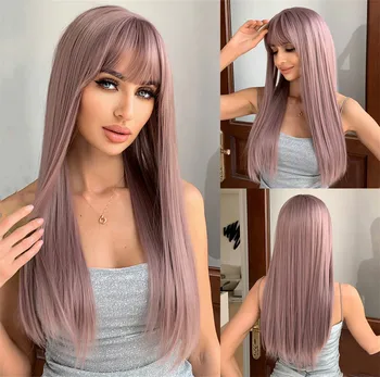 Дълги лилави Директни Синтетични перуки, с бретон, Цветна перука за cosplay за жени, високо качество на въздушната косата от устойчиви на топлина влакна
