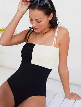 Жена цял бански с черно-бели панели, секси плажни дрехи на тънки спагети презрамки, луксозни бански, за да излезете на плажа Praia 2023