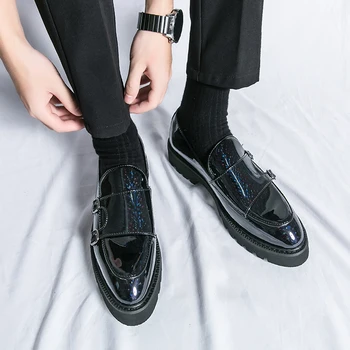 Кожени Мъжки Лоферы в бизнес стил, Марката Обувки, ръчно изработени 2023, Модни Двоен обтегач, Елегантни Кожени обувки за сватба с гладка повърхност.