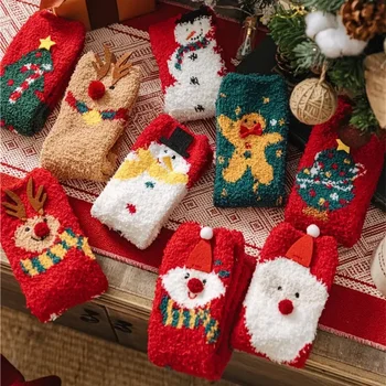 Коледни коралови флисовые чорапи със средна дължина, топли дебели чорапи за сън, с анимационни герои, дамски Ежедневни Зимни, Коледни чорапи, Бебешки чорапи в подарък