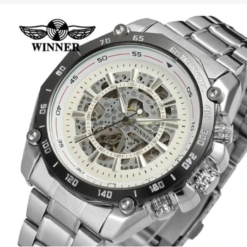 Модерен мъжки часовник T-winner от водеща марка, механични, с неръждаема стомана гривна, Кристални Аналогов часовник-скелет в стил steampunk