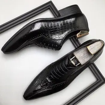 Мъжки oxfords от естествена кожа, черни и кафяви цветове, класически модел обувки с крокодиловым модел, офис бизнес официалната ръчно изработени обувки за мъже