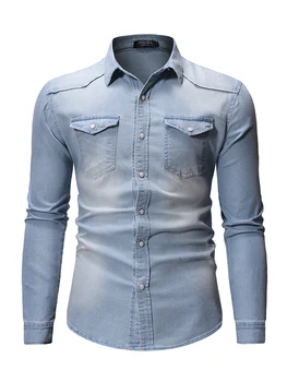 Мъжки класически деним риза приталенного намаляване с дълъг ръкав и копчета, ежедневни блузи с ревери, за пролетно-есенния парти