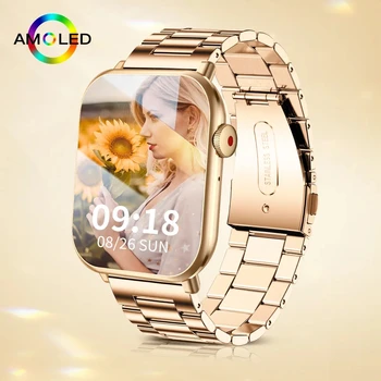 Нови дамски смарт часовници AMOLED за мъже, спортни часовници за фитнес с температура на тялото, водоустойчиви Цифрови умни часовници с Bluetooth-разговори, женски