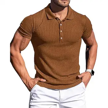 Нови летни мъжки поло в непрекъсната ивица, еластични мъжки ризи поло с къс ръкав за фитнес, модерен мъжки ризи с висока яка
