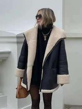 Ново модно Свободно Меховое палто от пера, дамски зимни палта с яка-ботуш и дълъг ръкав 2023, Зимни дамски якета, топло градинска облекло