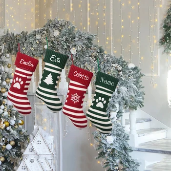 Обичай Коледни чорапи за домашни любимци, бродирани с името, Вязаный детски подаръчен пакет, Коледни чорапи, Декоративна висулка във формата на елхи