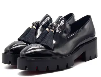 Пролетно-есенни оксфордские мъжки обувки от естествена кожа с квадратни пръсти, ръчно изработени, черни лоферы, модни мъжки обувки с пискюли