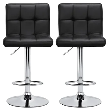 Регулируема модерен бар стол Easyfashion от изкуствена кожа със средна облегалка, комплект от 2 черни столове