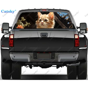 Скъпа космати котка, релаксираща стикер на задното стъкло, подходящ за пикап, камиона, лек автомобил, Универсална прозрачен винил стикер на задното стъкло с пробиване