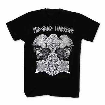 Тениска Viking'er Midgard Warrior Skull Валхала от 100% памук Кръгло деколте, Лятна Ежедневната Мъжка тениска С къс ръкав, Размер S-3XL