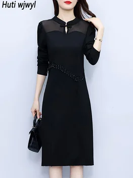 Черно луксозно луксозно женствена рокля миди с пискюли, есен-зима, монтиране вечерен халат с дълъг ръкав, 2023, Винтажное однотонное елегантна рокля за бала
